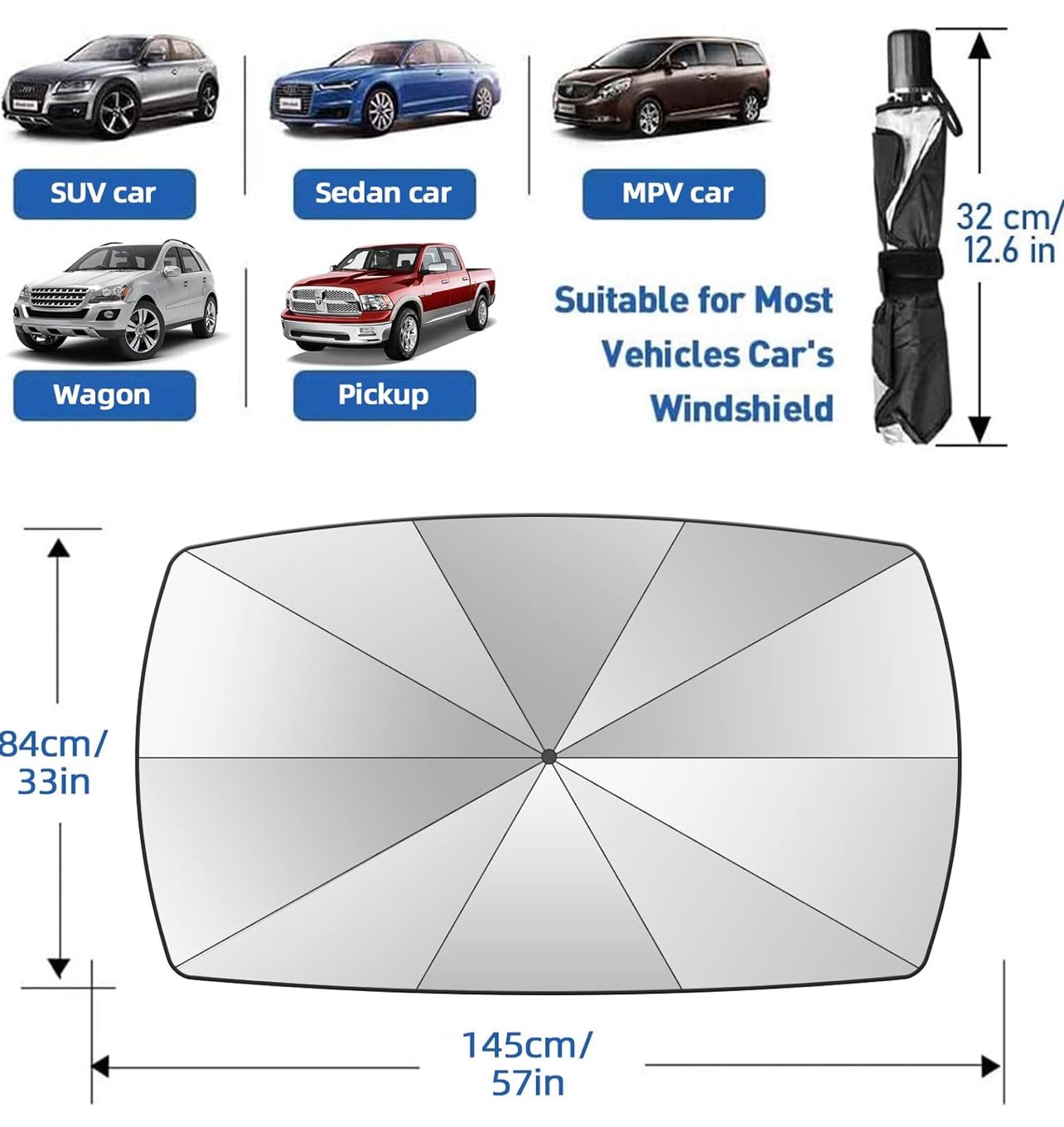 Car Sun Shade Umbrella, Car Umbrella Sun Shade Cover for Windshield UV Reflecting Foldable Front Car Sunshade Umbrella (clickgo