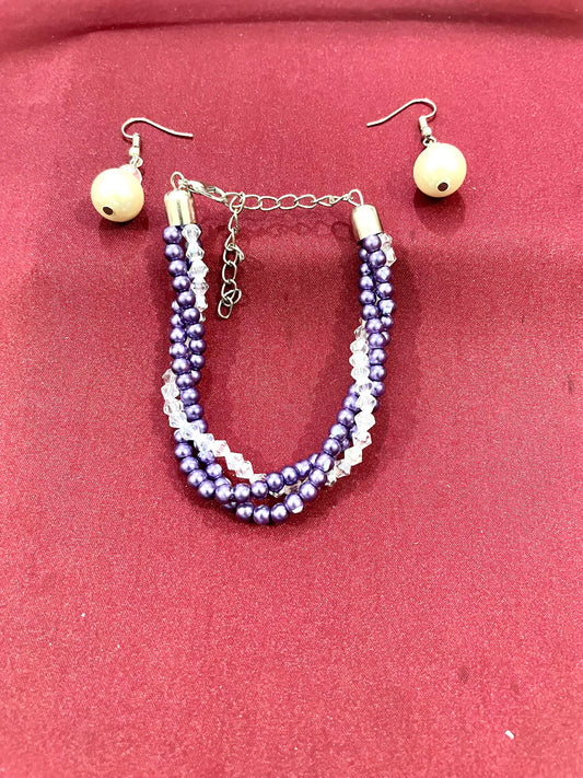 Pearl beads bracelet with earring for all ages in pink