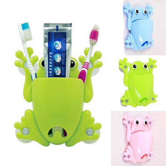 Frog Toothbrush Holder Powerful Sucker Punch Free Children Storage Rack Toothpaste Toothbrush Holder, Plastic Home Bathroom Organizer Tool Stand For Kids Makeup Tools Wall Stick Organizer Bathroom Accessories